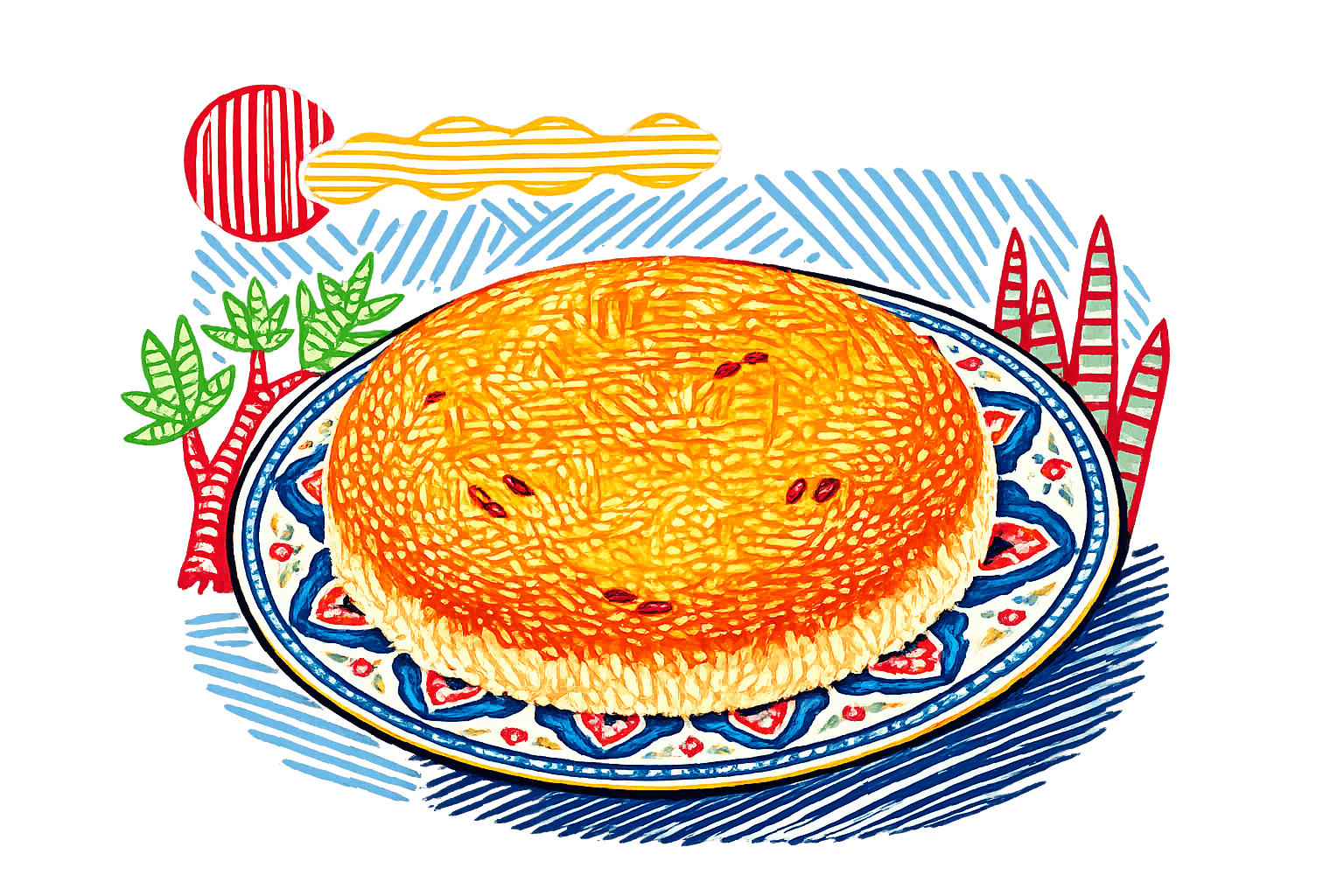 Hand-drawn tahdig on a patterned plate